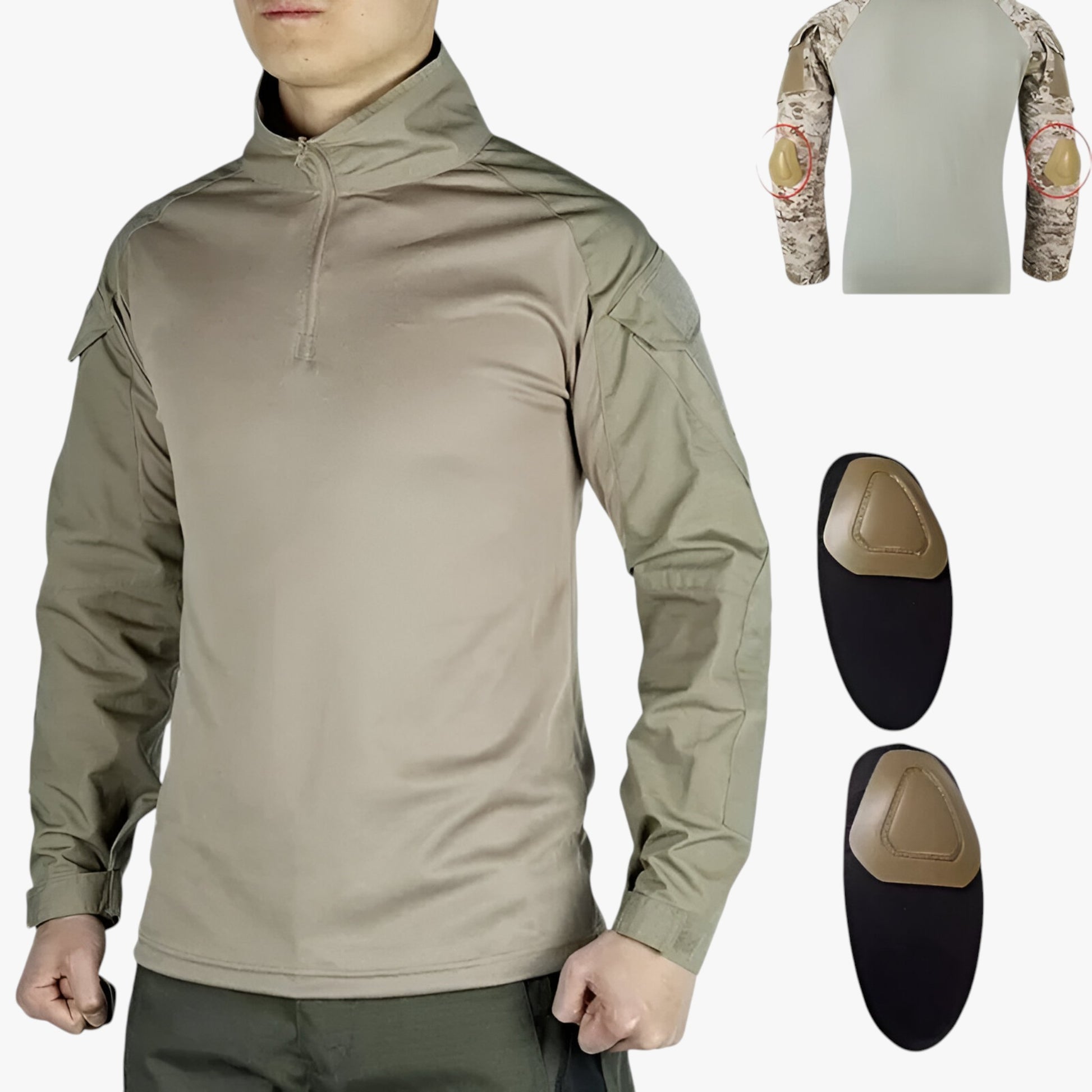 Heren Katoenen Longsleeve Tactisch Wandelt-shirt - Heren Buiten Kleding - Khaki (elbow pads) - M - Heren Katoenen Longsleeve Tactisch Wandelt-shirt. - Outdoor Craft